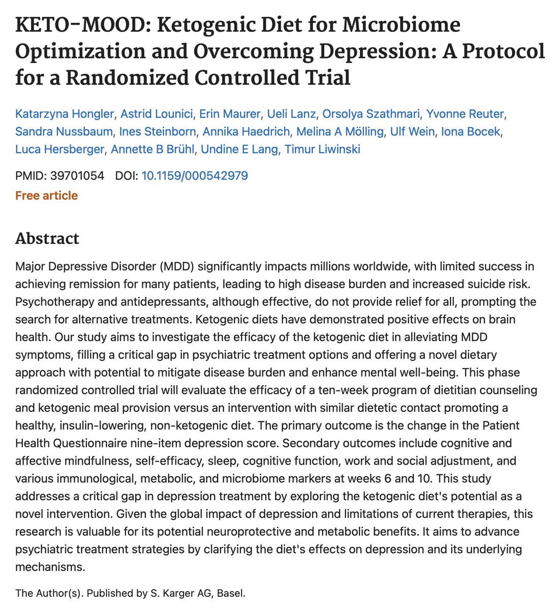 📖 I am so excited to be part of this study, that investigates the effectiveness of a ketogenic diet in treating Major Depressive Disorder (MDD), where standard treatments often fail. It's a randomized controlled trial comparing a 10-week ketogenic diet program against a