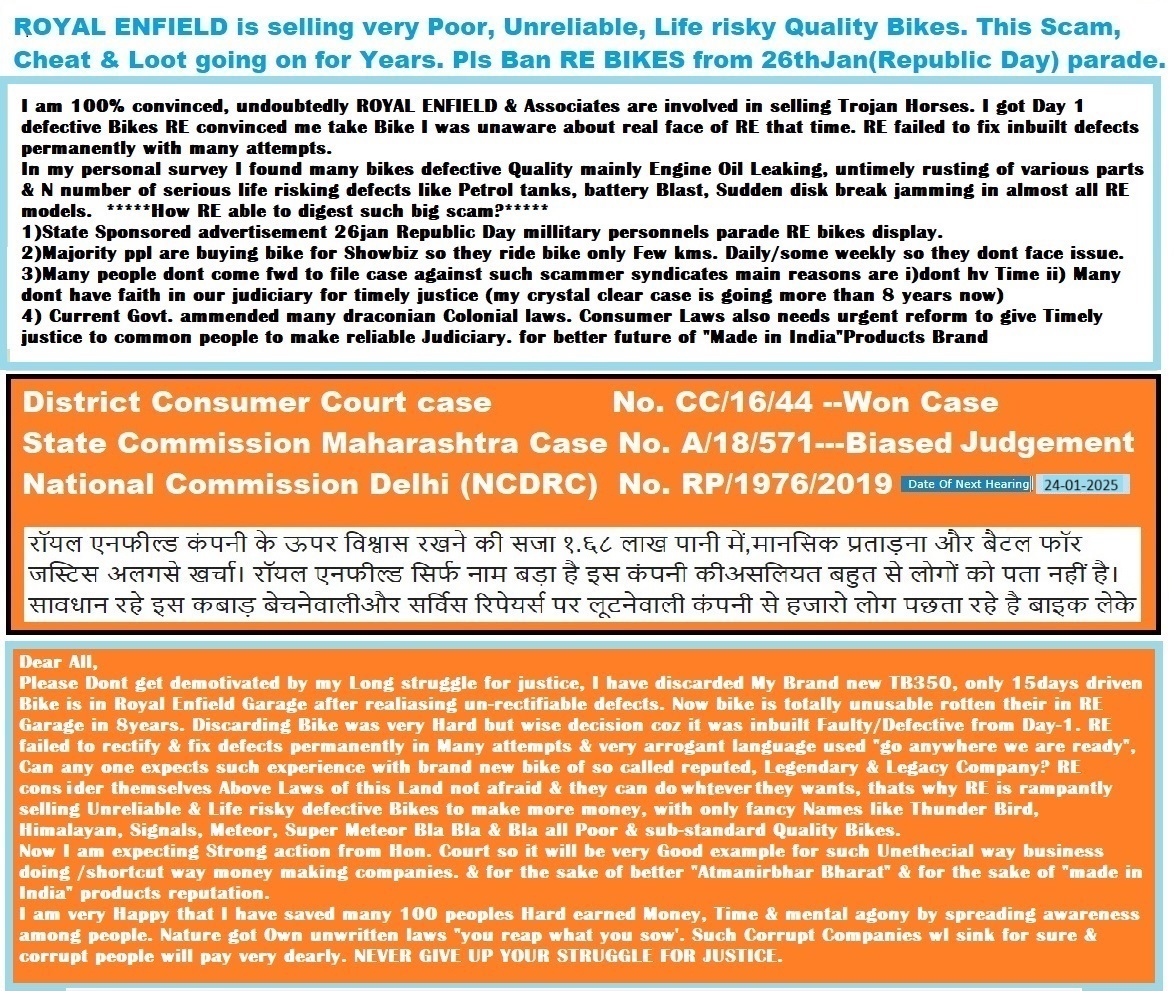 ravinesun's tweet photo. Scam, Cheat &amp; loot by Royal Enfield (Bullet) Co. कृपया,रॉयल एनफील्ड बाइक्स प्रजासत्ताक दिन २६ जनवरी परेड से निष्कासित करे।
@rashtrapatibhvn @narendramodi @MLJ_GoI @JoshiPralhad  @IASassociation @DCsofIndia 
#SupremeCourtofIndia @barandbench @PRODefNgp
#BoycottRoyalEnfield https://t.co/vb8SC0vMI3