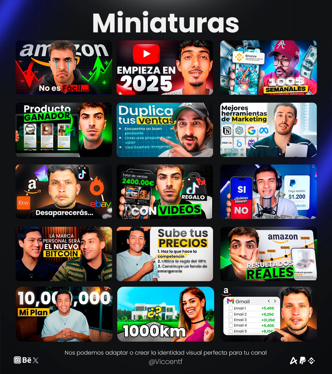 Hola ! Aquí te dejo algunos ejemplos de miniaturas para que le eches un vistazon

Si estás interesado o buscando un diseñador de miniaturas, contactame al MD y hagamos que tu audiencia tenga una mejor experiencia

Agradecería mucho el apoyo 🔃

be.net/viccentf