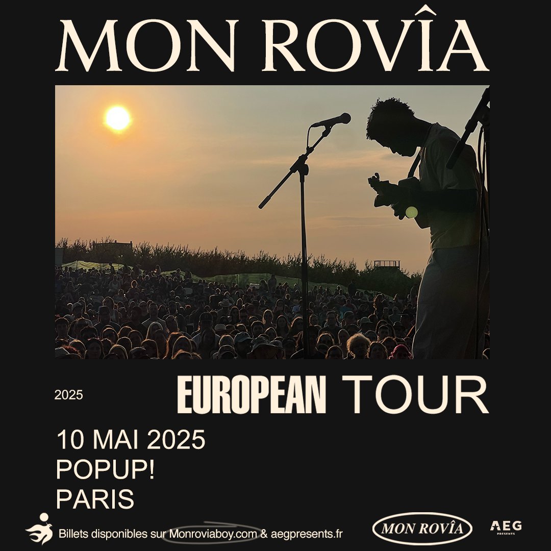 🚨 ANNONCE 🚨 <a href="/mon_rovia_boy/">Mon Rovîa</a> annonce une date à Paris en mai 2025 🏙

🏟 Lieu : Popup! à Paris
🗓 Date : 10 mai 2025
🎟 Prix : prochainement
⏰ Mise en vente : vendredi 17 janvier à 10h
🎉 Réservations ▻ arena-tour.fr/mon-rovia-boy-…

#concert #monrovia #paris #tickets #arenatour