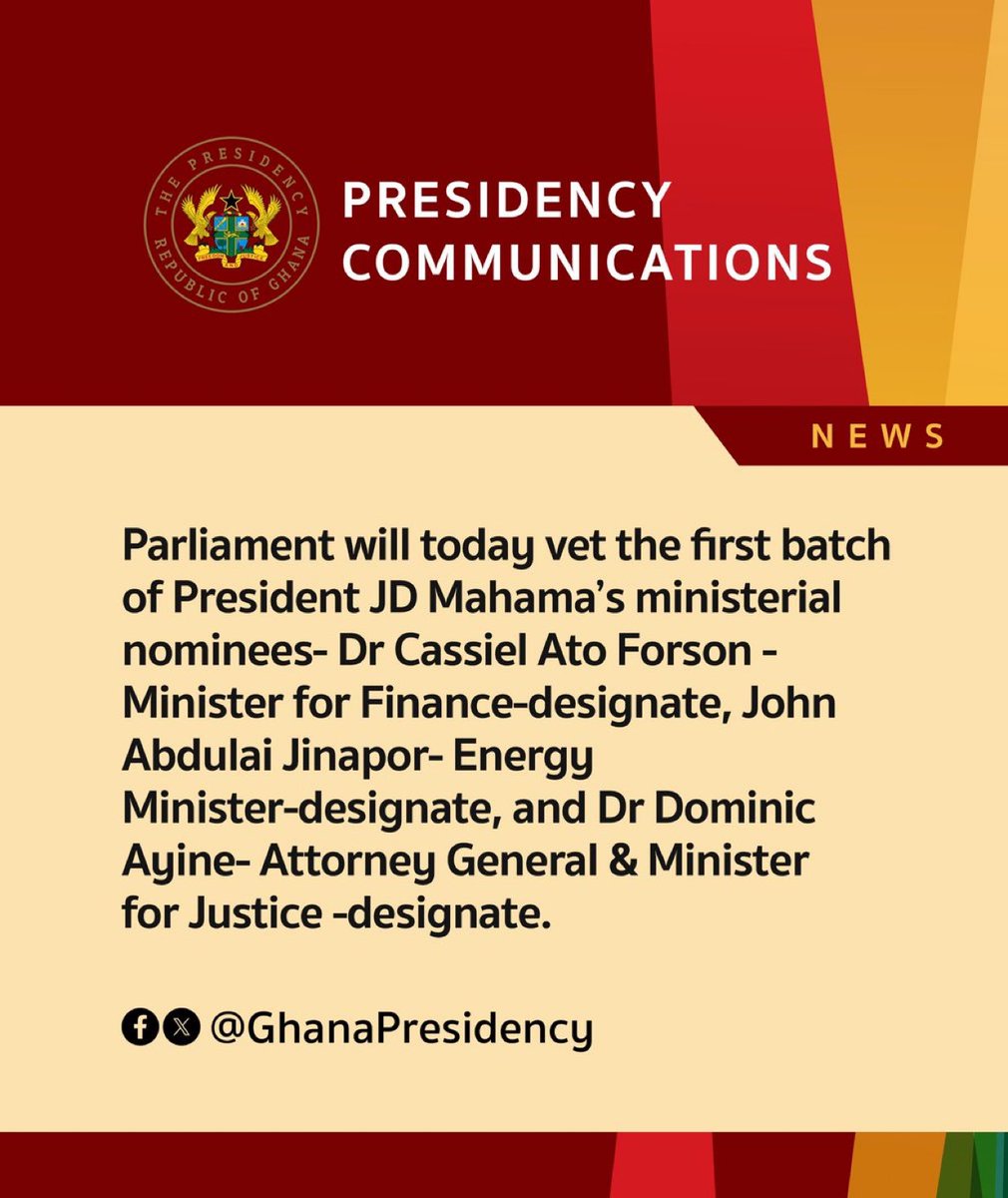 gyaigyimii's tweet photo. The first batch of ministerial nominees will be vetted by parliament today https://t.co/k0Sj8RHs51