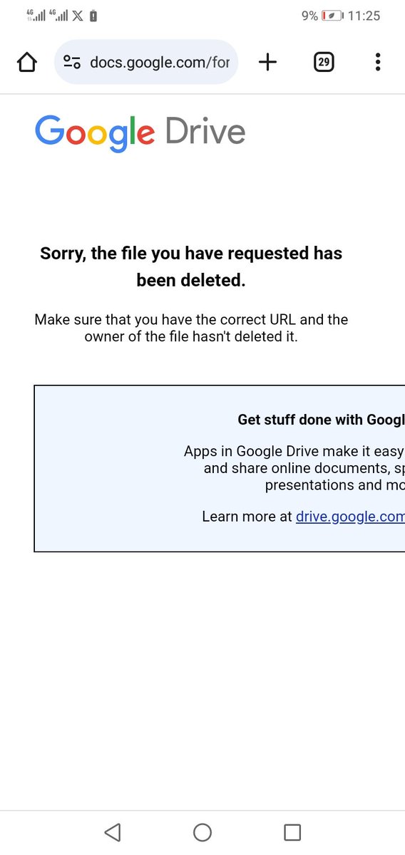Kolade_idris's tweet photo. The Google drive complain form is not opening, saying the site has been deleted. https://t.co/JzKkeGtpLh