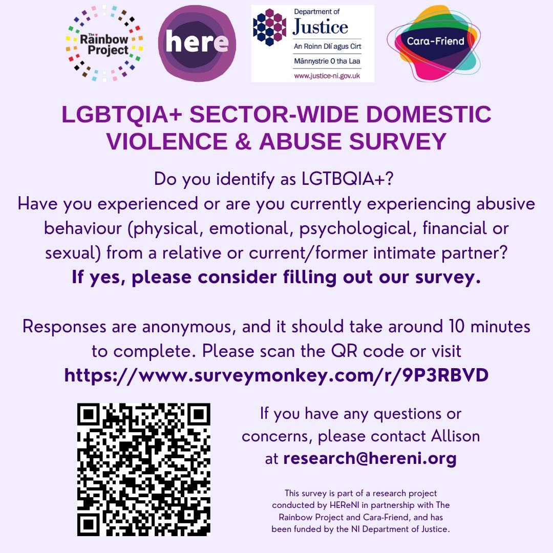 RaiseURVoiceNI's tweet photo. 🏳️‍🌈🏳️‍⚧️LGBTQIA+ Domestic Abuse Survey🏳️‍⚧️🏳️‍🌈 
Responses are anonymous and the survey will take about 10 minutes to complete. To complete the survey, visit https://t.co/jNJtLZnwht or scan the QR code below. For any questions, please email Allison at research@hereni.org https://t.co/dcVH2VyqSy