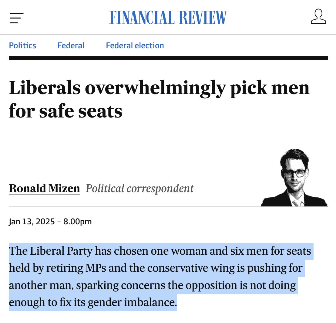 simonahac's tweet image. of the 6 seats vacated by sitting members, @LiberalAus  selected just *one* woman…

just 17% ♀️!

…completely ignoring the central recommendation in @SenatorHume's report!

@maryaldred, the one woman chosen, has a history of boosting coal &amp;amp; logging! 🤷‍♀️

will they ever learn? 🙅‍♀️