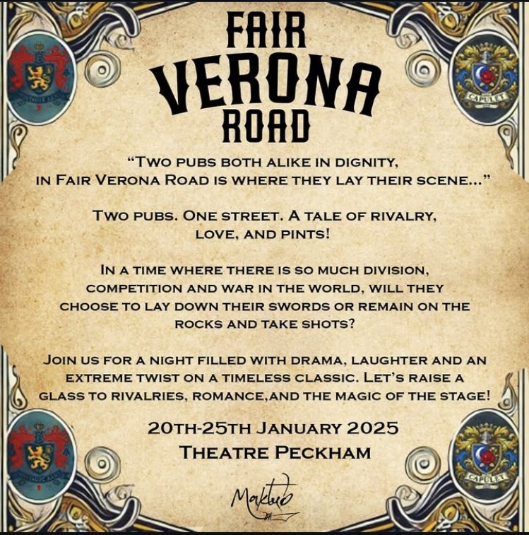 ‘Fair Verona Road’ 
22nd - 25th January <a href="/TheatrePeckham/">Theatre Peckham</a> 
<a href="/MaktubTheatre/">Maktub Arts</a> Company have been working relentlessly to create a brilliant show about the lives of people in London today! Book your tickets here: theatrepeckham.co.uk/show/fair-vero… 

 #theatreinlondon #actor #seekingrepresentation