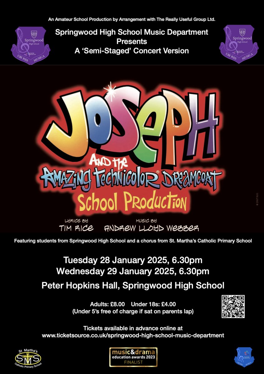 Only two weeks to our performances of the iconic "Joseph &amp; the Amazing Technicolour Dreamcoat". This semi-staged concert production will involve 130 students, staff &amp; others, including a chorus from St Martha's Catholic Primary School. Tickets available @ ticketsource.co.uk/whats-on/queen…