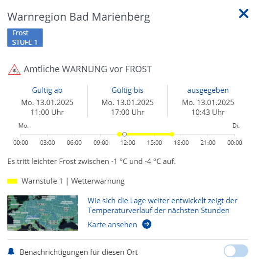 Wie verblödet sind wir eigentlich inzwischen? Frost ist im Winter eine normale Sache und kein Grund für eine Wetterwarnung. Mittlerweile macht man aus jedem Mückenschiss eine Gefahr für Leib und Leben.
Wir wussten früher auch ohne Internet - 13. Januar, könnte heute kalt sein!