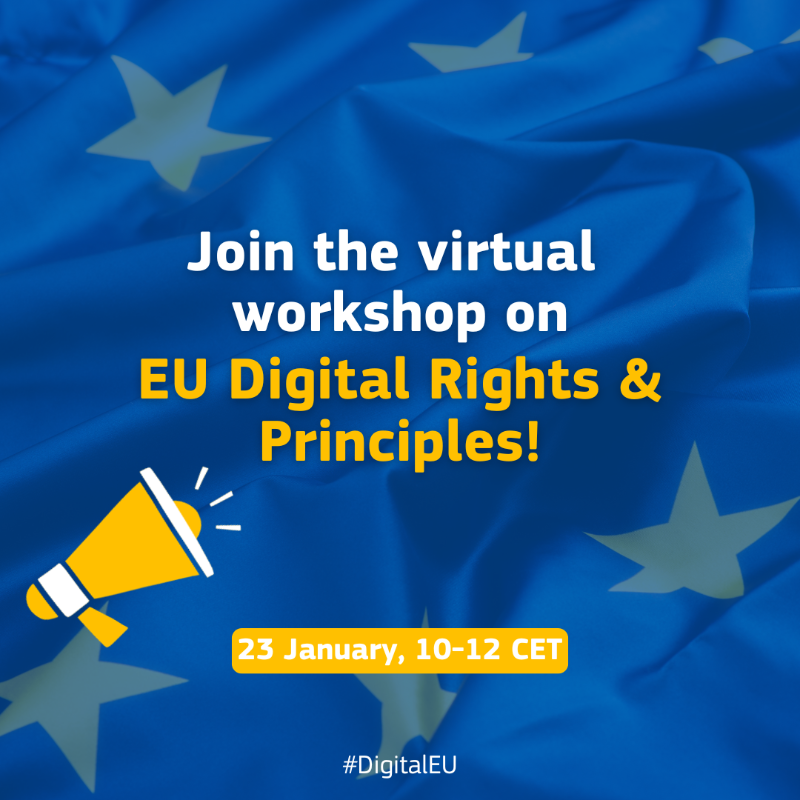 DigitalEU's tweet photo. 📢 Help shape a fair and inclusive digital future!

Join the online workshop on 🇪🇺 Digital Rights &amp; Principles to explore findings from ongoing monitoring efforts, connect with experts, and share best practices.

📅 23 January 2025
⏰ 10:00–12:00 CET

🔗 Register now ↓