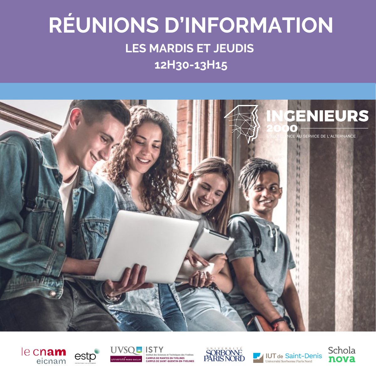 📣Tous les mardis et jeudis de 12h30 à 13h15, venez échanger avec le responsable de la formation, un apprenti ingénieur et l’équipe du CFA @Ingénieurs2000 (Admissions et Relations Entreprises) !

Lien d'inscription 👉ingenieurs2000.com/reunions-infor…