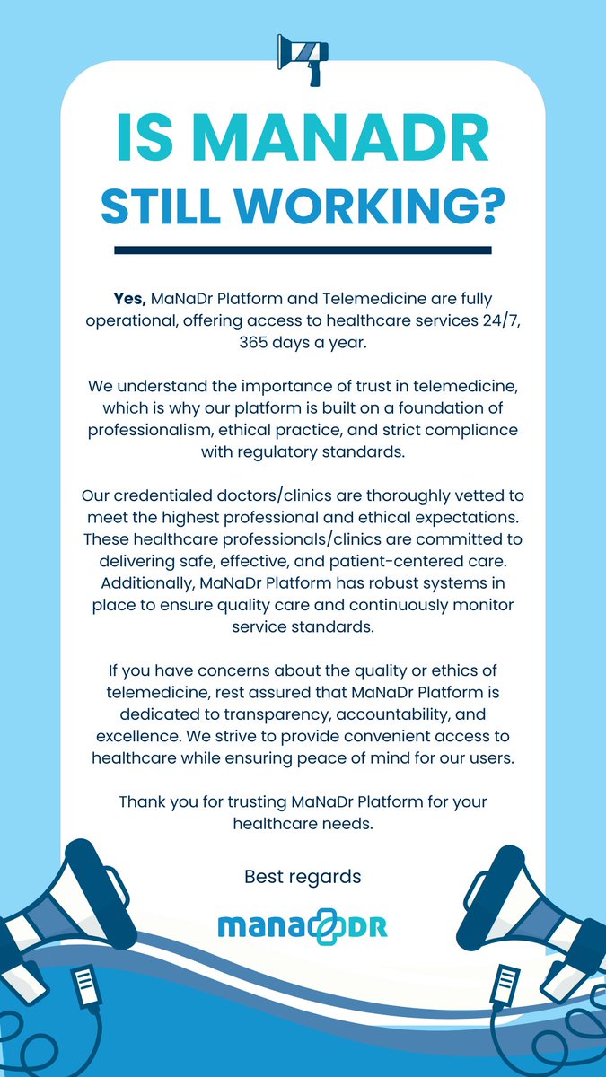 IS MANADR STILL WORKING ⏰❓

Yes, MaNaDr Platform and Telemedicine are fully operational, offering access to healthcare services 24/7, 365 days a year. - Read more here shorturl.at/O6PSt

#MaNaDrAnnouncement 
#MaNaDrPlatform
#HealthcareUpdates
#MaNaDrSG #MaNaDr