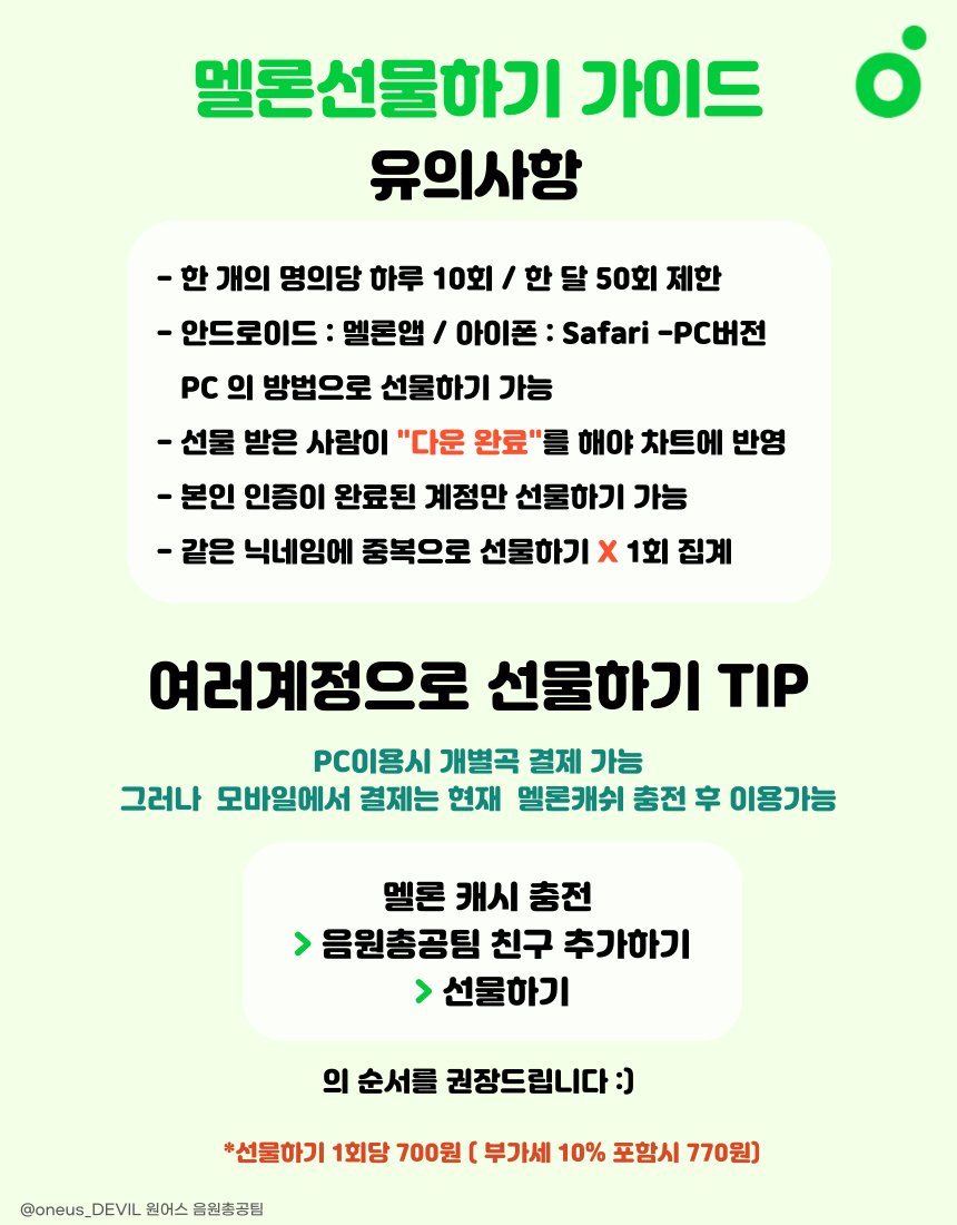 oneus_DEVIL's tweet image. 📌 멜론 선물하기 가이드

가이드를 참조하시어 음총팀 계정으로 음원선물을 보내주세요🫶

🦇 총공 닉네임 : 디어엠음총1 ~

     * 최종번호는 추후에 재공지 하겠습니다