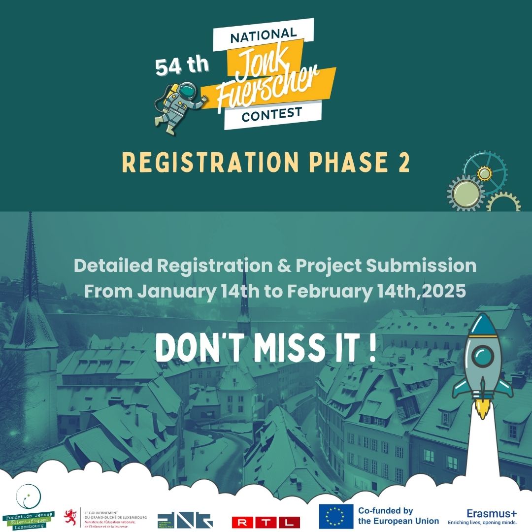 Don't miss out! The Jonk Fuerscher National Contest 2025 is your chance to turn passion into impactful research or innovation.

🗓️ Mark your calendars: March 14-15, 2025
💡 How to participate?
Got a scientific idea or innovation? Submit your form and get started!