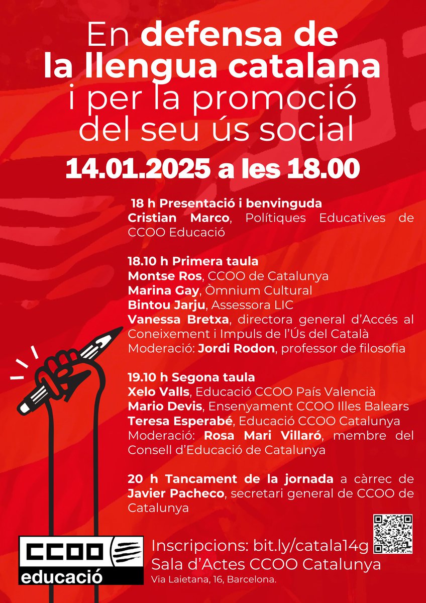 👅 Demà, dimarts 14 de gener, tindrà lloc la xerrada: en defensa de la llengua catalana i per la promoció del seu ús social

⏰18h 📍Sala d'Actes CCOO Catalunya (Via Laietana, 16 Barcelona)

🔗 Tot el programa i inscripcions: ccoo.cat/educacio/notic…