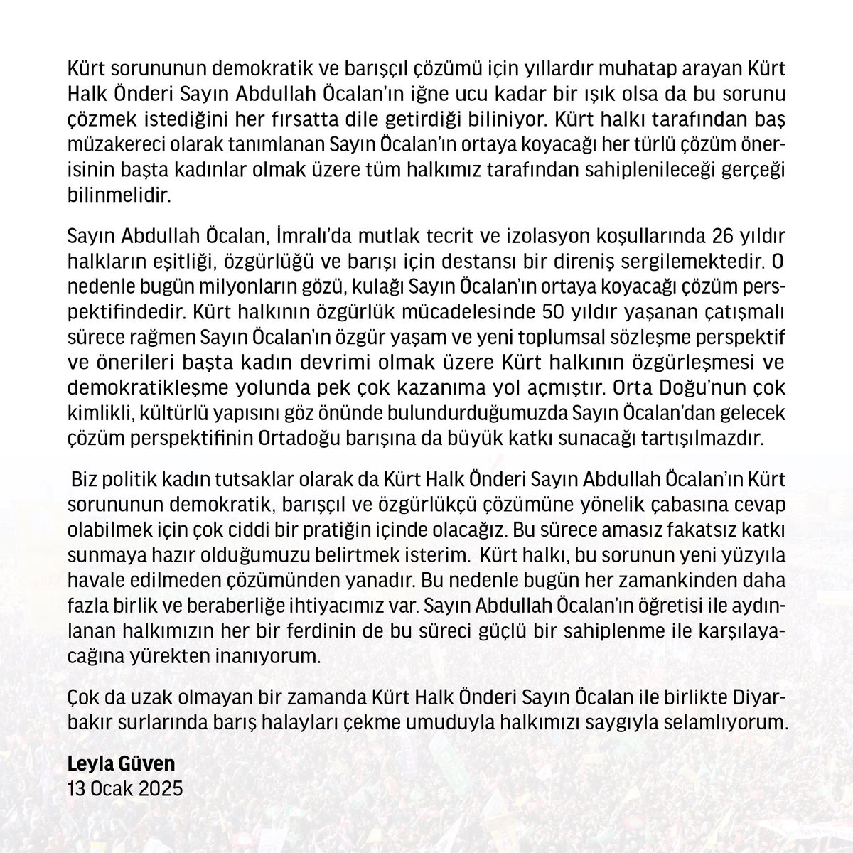 Eş Başkanımız Leyla Güven'in DEM Parti İmralı Heyeti'nin Sayın Abdullah Öcalan ile yaptığı görüşme ve sonrasında yayınlanan mesajlara ilişkin açıklaması: