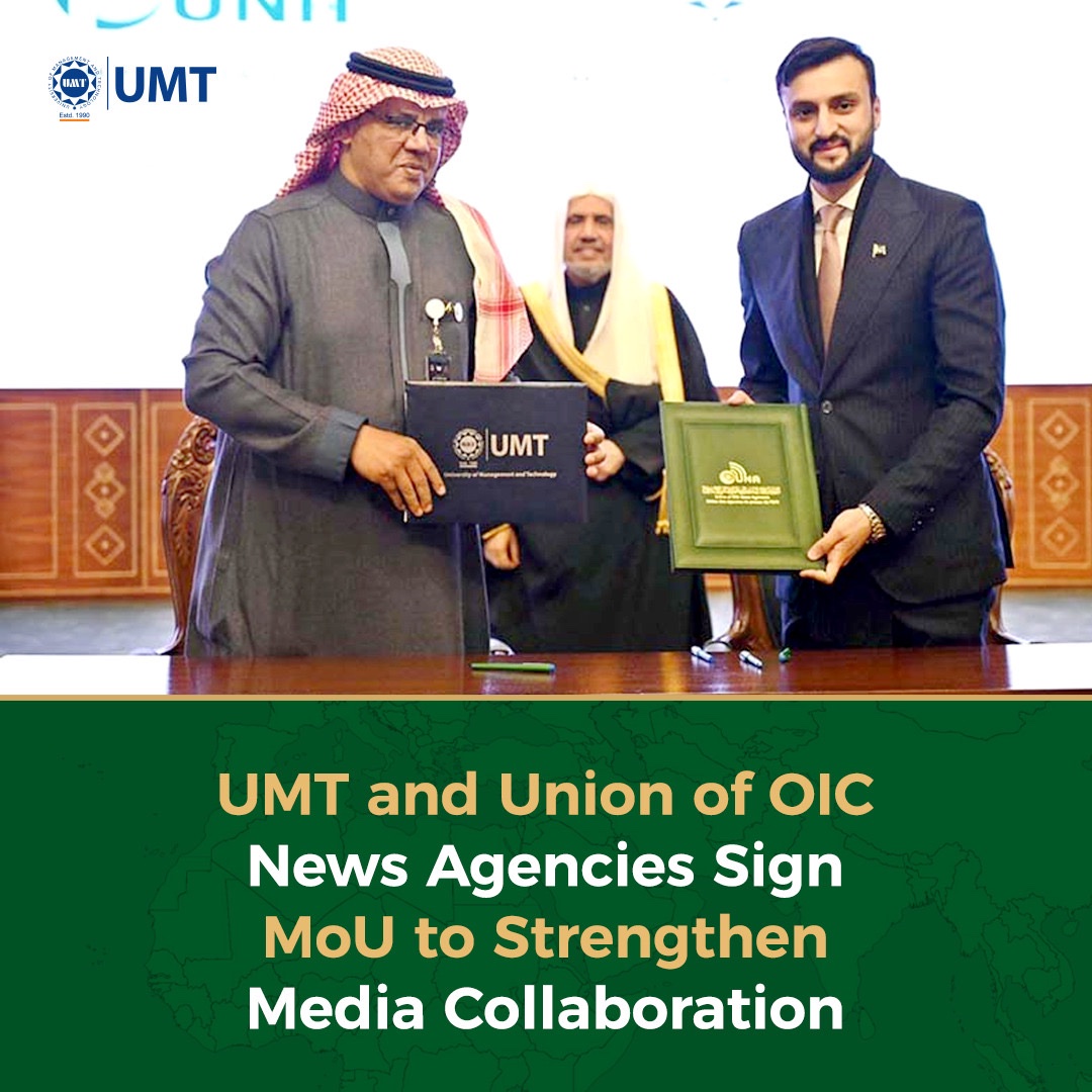 ibrahimhmurad's tweet photo. UMT and Union of OIC News Agencies Sign MoU to Strengthen Media Collaboration

In a landmark agreement, the University of Management and Technology (UMT), represented by its Chairman and President, Ibrahim Hasan Murad, signed a Memorandum of Cooperation (MoU) with the Union of OIC News Agencies (UNA), led by its Director General, H.E. Mohammad Bin Abd Rabbo Alyami. The signing took place in Islamabad on January 11, 2025, in the Jinnah Convention Center aiming to foster collaboration in promoting Islamic values, combating extremism, and supporting media-driven educational initiatives.

### Key Objectives:
- Enhance cooperation in organizing workshops, conferences, and training for media professionals.  
- Share research, studies, and media content to support mutual objectives.  
- Coordinate media coverage of events, initiatives, and collaborative projects.  
- Develop new media programs and strategies to serve the broader interests of the Muslim world.  
- Facilitate direct engagement between media professionals across OIC countries.

This strategic partnership underscores UMT's commitment to leveraging media as a tool for advancing education, tolerance, and moderation. It also aligns with UNA’s mission to strengthen collaboration among OIC member states' news agencies to promote Islamic principles globally.  

The MoU symbolizes a shared vision to combat extremist narratives and project a unified, peaceful image of Islam through the power of media.

#ibrahimhasanmurad #ihm #oic #news #mou