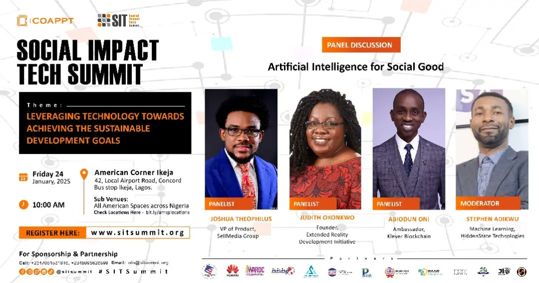 sitsummit's tweet photo. Discover actionable insights and innovative strategies from leading experts driving the use of AI for social impact.

Register now at https://t.co/pXkciV35Lh

For Sponsorship, Partnership, or Exhibition Opportunities:
Call: +2347061531816, +2348098628699
Email: info@sitsummit.org https://t.co/Dc5fa6902U