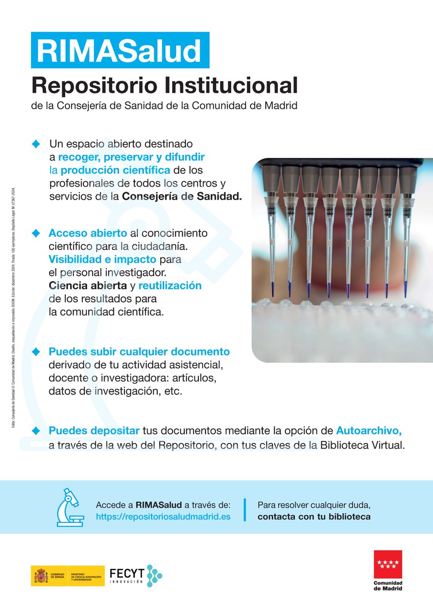 jmedino's tweet photo. #RIMASalud: el Repositorio Institucional de la Consejería de Sanidad de la Comunidad de Madrid https://t.co/JuuXCMw4RR @HUFuenlabrada #BVCSCM @SaludMadrid #OpenAccess #AccesoAbierto https://t.co/wqaHmQL30Q