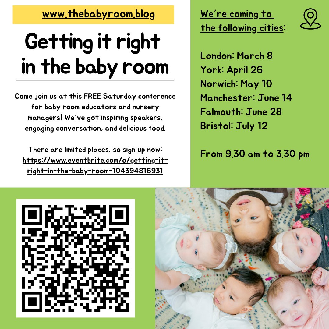I am BEYOND excited to open up conference registration for our FREE Saturday conferences 'Getting it Right in the Baby Room', coming to a city near you. Places are limited, so get a wriggle on #earlyyears eventbrite.com/o/getting-it-r…