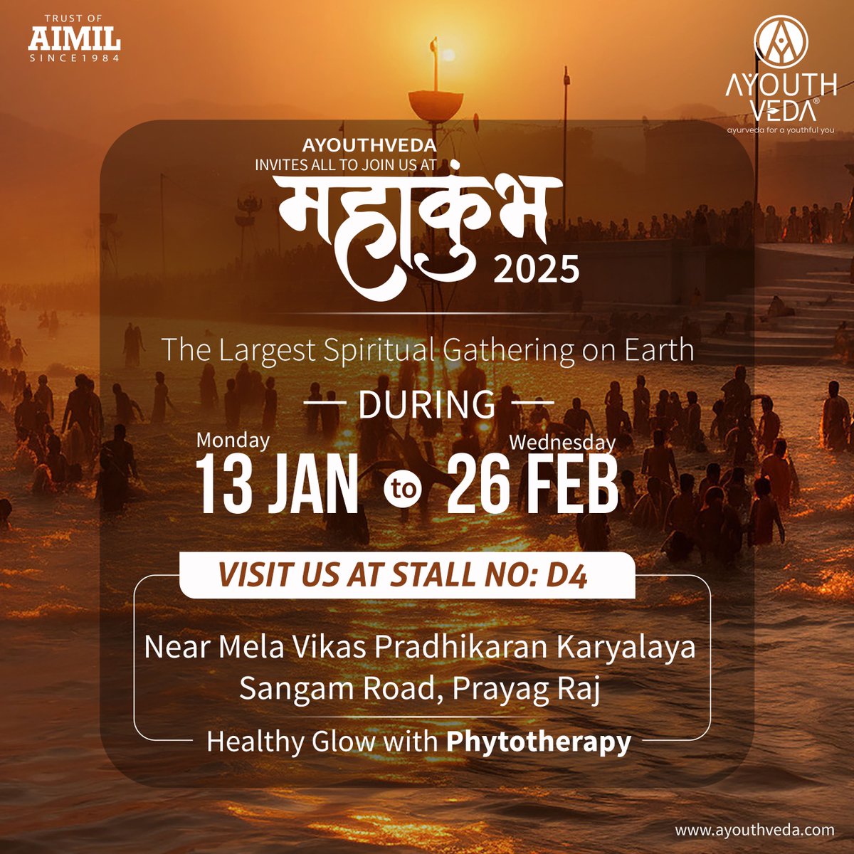 ayouthveda's tweet photo. Join us at the largest spiritual gathering on Earth, #MahaKumbh2025! Visit our stall D4 from Jan 13 to Feb 26 at Prayag Raj to experience the healthy glow with Phytotherapy.

#Spirituality #AyouthVeda #ayurveda #Aimil #KumbhMela #Kumbh2025 #SpiritualJourney #MahaKumbh #Divine https://t.co/dgeV94G0W6