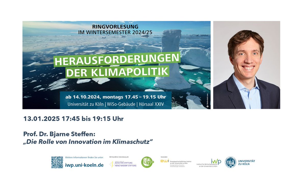 Wir freuen uns, in unserer Ringvorlesung "Herausforderungen der Klimapolitik" in Zusammenarbeit mit dem <a href="/ewi_koeln/">EWI</a> kommenden Montag <a href="/BjarneSteffen/">Bjarne Steffen</a>  der ETH Zürich begrüßen zu dürfen. Das Thema seines Vortrags ist "Die Rolle von #Innovation im #Klimaschutz".