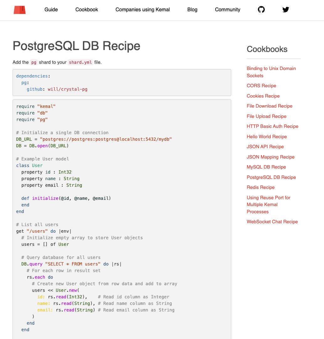 sdogruyol's tweet image. Great news everyone 📢

I&apos;ve updated the Kemal @crystalkemal Cookbook with more recipes (Cookies, Databases, Redis e.g) 📚

What else would you like to see in Kemal Cookbook?

kemalcr.com/cookbook/postg…

@CrystalLanguage  #crystallang