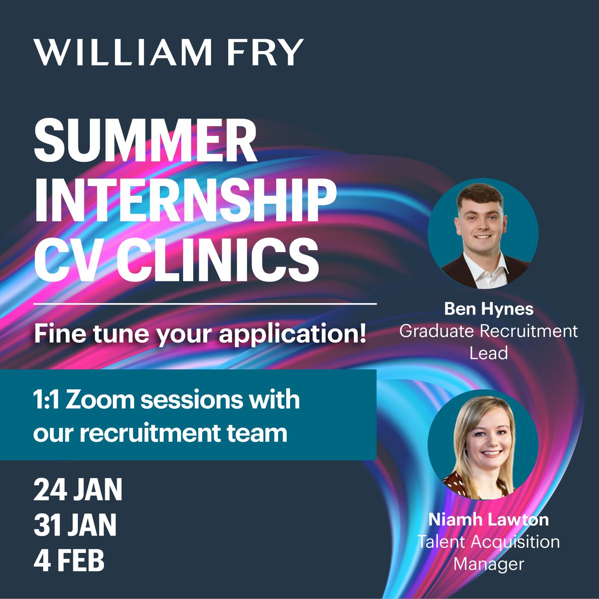 William Fry's recruitment team is excited to offer 1:1 virtual CV clinic sessions for legal and tax summer internship applicants. 

To book a slot, fill out the registration form via the link below. Slots are limited!

forms.office.com/e/tscpvMNEqt

#WFInterns2025 #CVClinics