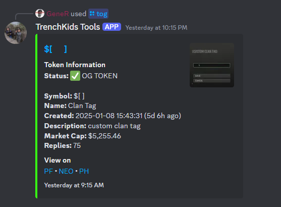 OMG_gener's tweet image. 1./ We have implemented a new command 

/tog (pump.fun adress)

This will instantly tell you if there are any other names exactly the same. If there are zero copies, it will confirm that your token is an OG, meaning there are no duplicates of that exact token.