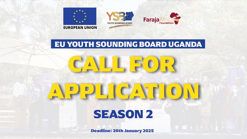 EU in Uganda (@euinug) on Twitter photo Are you young and dynamic?
Would you like to influence EU 🇪🇺 actions on the ground in Uganda 🇺🇬 & amplify youth voices?
We invite you to apply to join the 2nd cohort of our #EUandUganda <a href="/EU_YSBUg/">EU Youth Sounding Board in Uganda 🇪🇺🇺🇬</a> Youth Sounding Board for youth leaders.
Apply today via farajaafricafdn.org/applyeuysbugs2/ Are you young and dynamic?
Would you like to influence EU 🇪🇺 actions on the ground in Uganda 🇺🇬 & amplify youth voices?
We invite you to apply to join the 2nd cohort of our #EUandUganda <a href="/EU_YSBUg/">EU Youth Sounding Board in Uganda 🇪🇺🇺🇬</a> Youth Sounding Board for youth leaders.
Apply today via farajaafricafdn.org/applyeuysbugs2/