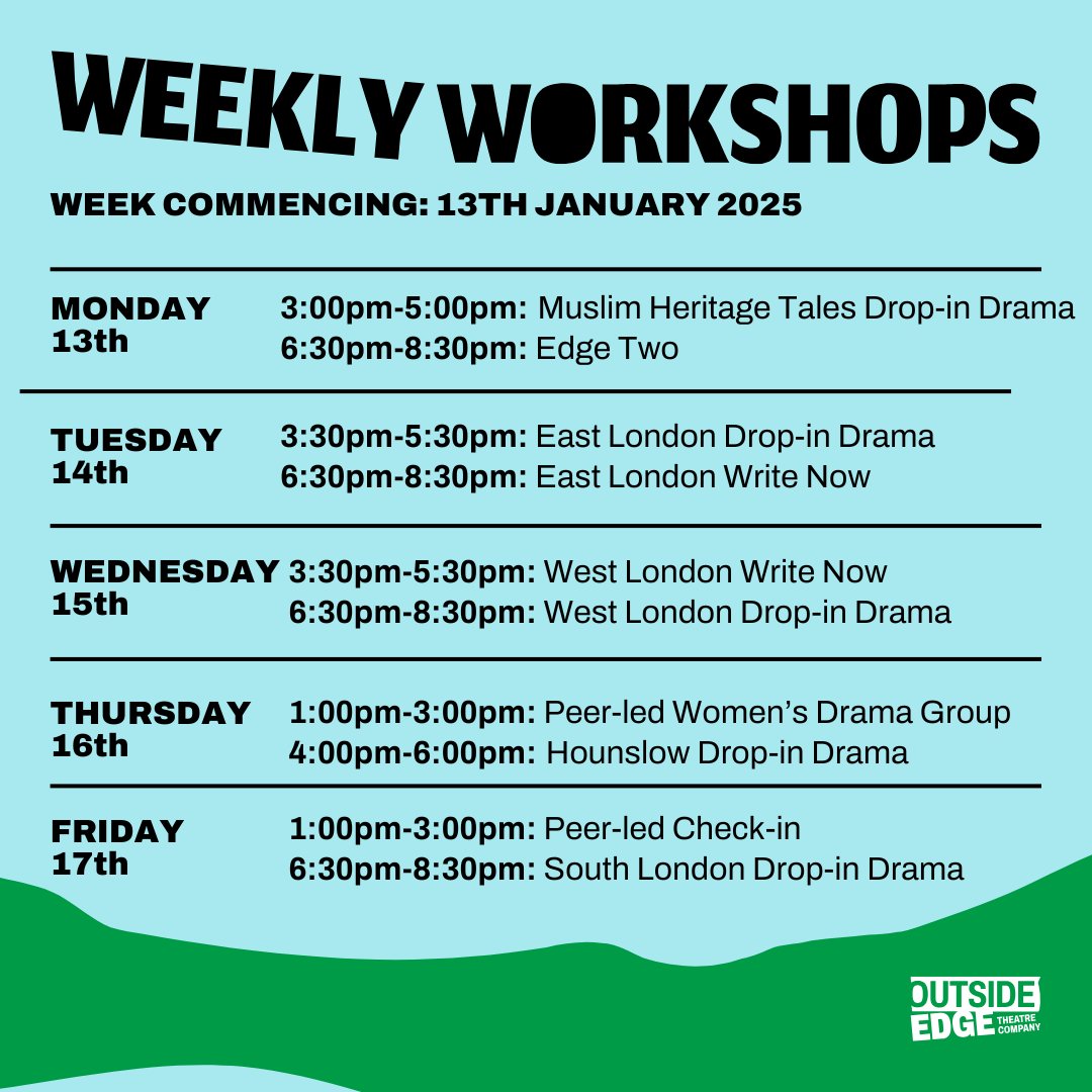 Outside Edge Theatre Company’s Schedule for the week of 13.01.25

New to the Outside Edge community? Tap the bio link to sign up.

Take the first step toward joining a creative, supportive community where you belong.

#DramaWorkshops #AddictionRecovery
________________