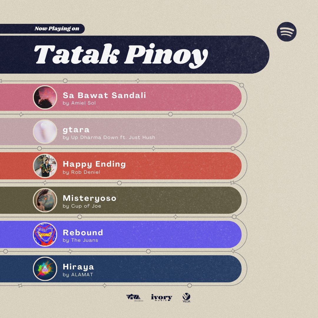viva_records's tweet photo. Now playing on Spotify's Tatak Pinoy Playlist 🎶

Keep listening to our Viva artists on all streaming platforms!

#amielsol #udd #justhush #robdeniel #cupofjoe #thejuans #alamat #vivarecords #vicormusic #ivorymusic https://t.co/ZxplLAJm2t