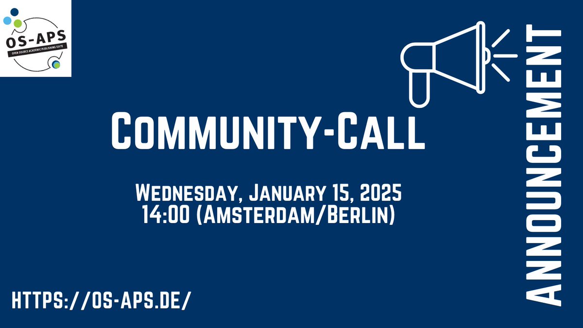The next OS-APS Community-Call takes place on January 15, 2024, at 2 pm CET. The topic will be alternative texts. The link to the video conference via Zoom is available under os-aps.de/demo/. #software #OA #accessibility