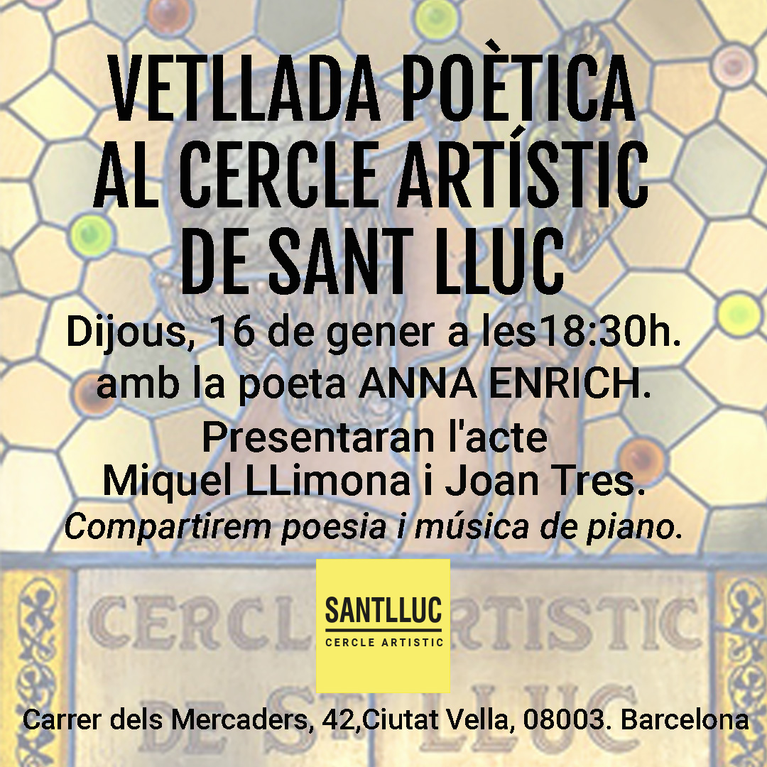 Dijous 16, a les 18,30 h, recital
d'Anna Enrich <a href="/AnnaEnrich5/">Anna Enrich</a>  PAÜRA 
al #CercleArtisticdeSantLluc

#paüra d'#annaenrich

#alabatre #poesia