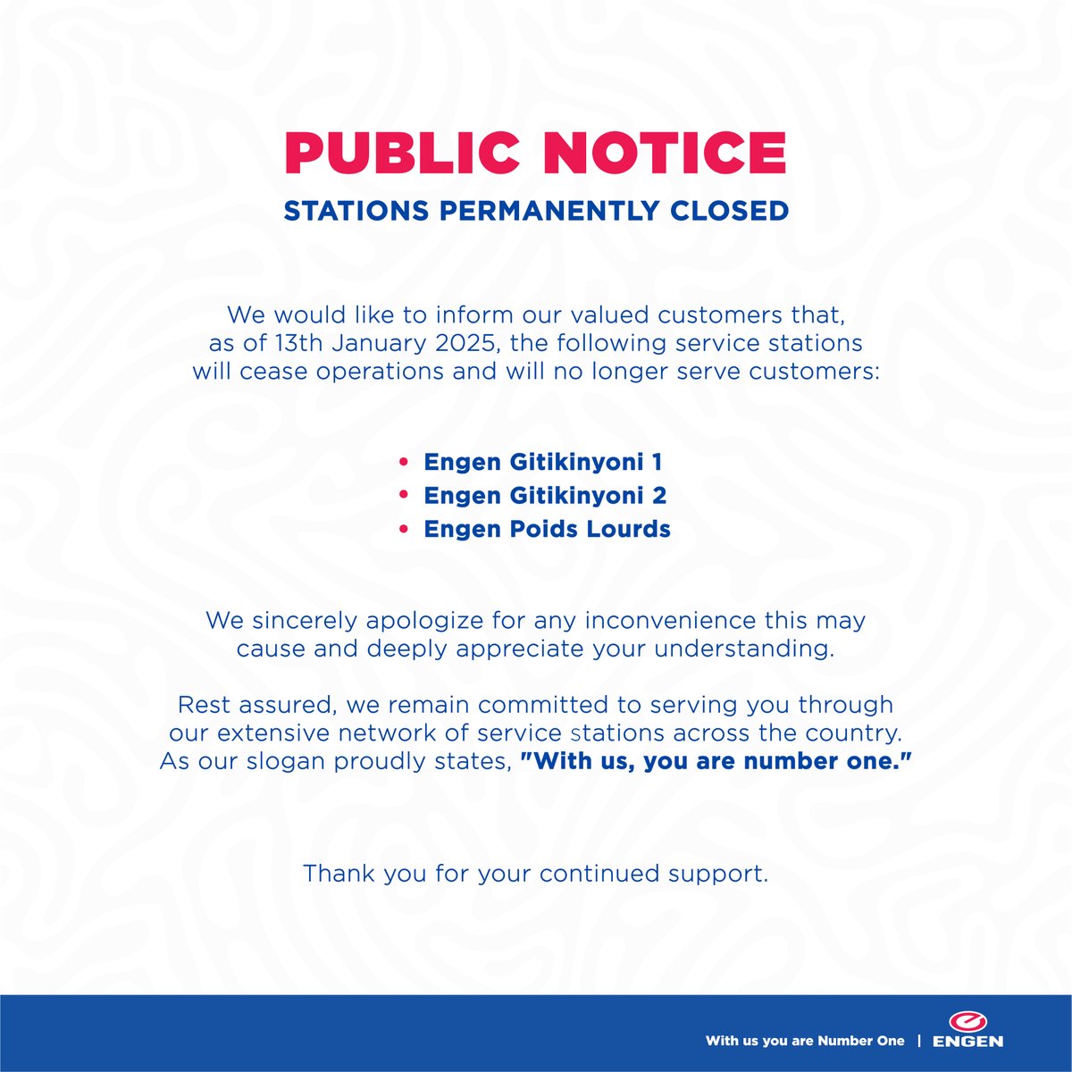 VivoEnergyRw's tweet photo. NOTICE
As of 13th January 2025, the following Engen service stations will permanently cease operations:
Engen Gitikinyoni 1, Engen Gitikinyoni 2 and Engen Poids Lourds
We apologize for any inconvenience this may cause & thank you for your understanding.
#WithUsYourNumberOne https://t.co/8fEmAj9csj
