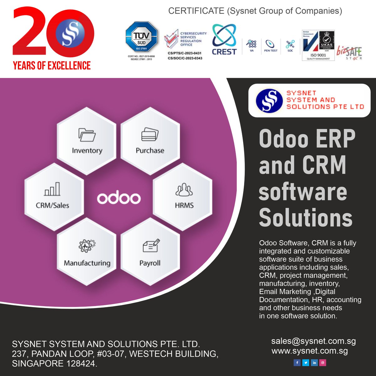 SgSysnet's tweet photo. Streamline Your Business with Odoo ERP &amp; CRM Solutions! Empower your operations with our robust software solutions designed for seamless integration and efficiency. Discover the difference today: https://t.co/gdYAl563nY 

#OdooERP #CRMSoftware #BusinessSolutions #SysnetSingapore https://t.co/dH7kCSa3bX