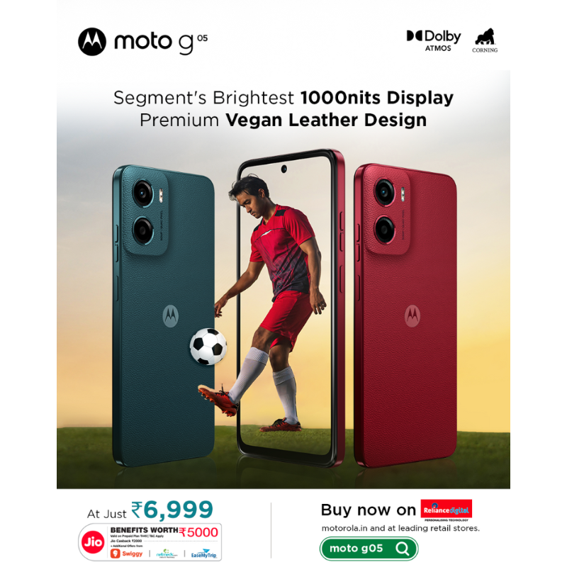 motorolaindia's tweet photo. Step up your entertainment game with the Ultimate Entertainer #MotoG05
Enjoy an immersive cinematic experience while watching your fav shows & movies on the super-bright 6.67" display
Unlock additional benefits for ₹5,000 with Jio SIM
Buy now at ₹6,999 @reliancedigital
#MastHai