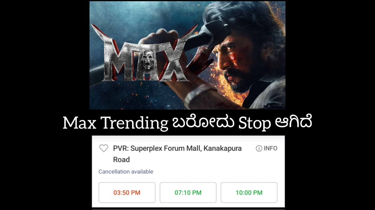 KannadaCinemama's tweet photo. #MaxTheMovie
Bengaluru - 1 FF
#Max
#maxintoweek3
#MAXimumBlockbuster https://t.co/RJkw9EvJhj