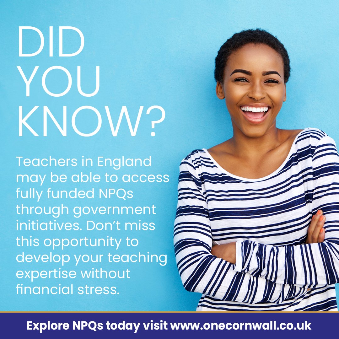 Applications are now open for our next #NPQ cohort, but if you'd like more information join our webinar on Wednesday 15th: forms.office.com/e/6pjFffir2D?o…

#OneCornwall #Education ⁠#TeachingSchoolHub #CornwallTeachers #TeachCornwall #CPDForSchools #CornwallSchools⁠