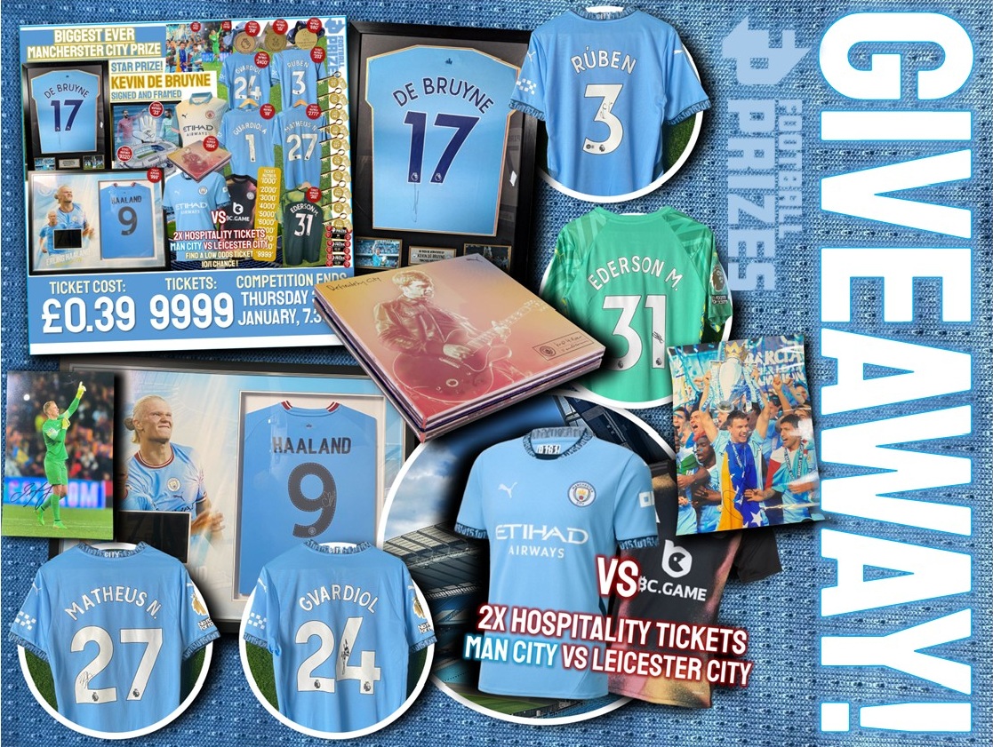 🚨 GIVEAWAY 🚨

Win a ticket for you and your friend into our Man City Competition!

With the chance to win some HUGE signed shirts, match tickets and more!

footballprizes.co.uk/product/city-3/

To enter:
1) Follow: <a href="/football_prizes/">Football Prizes</a>
2) Like this post
3) Retweet
4) Tag a friend (who will also