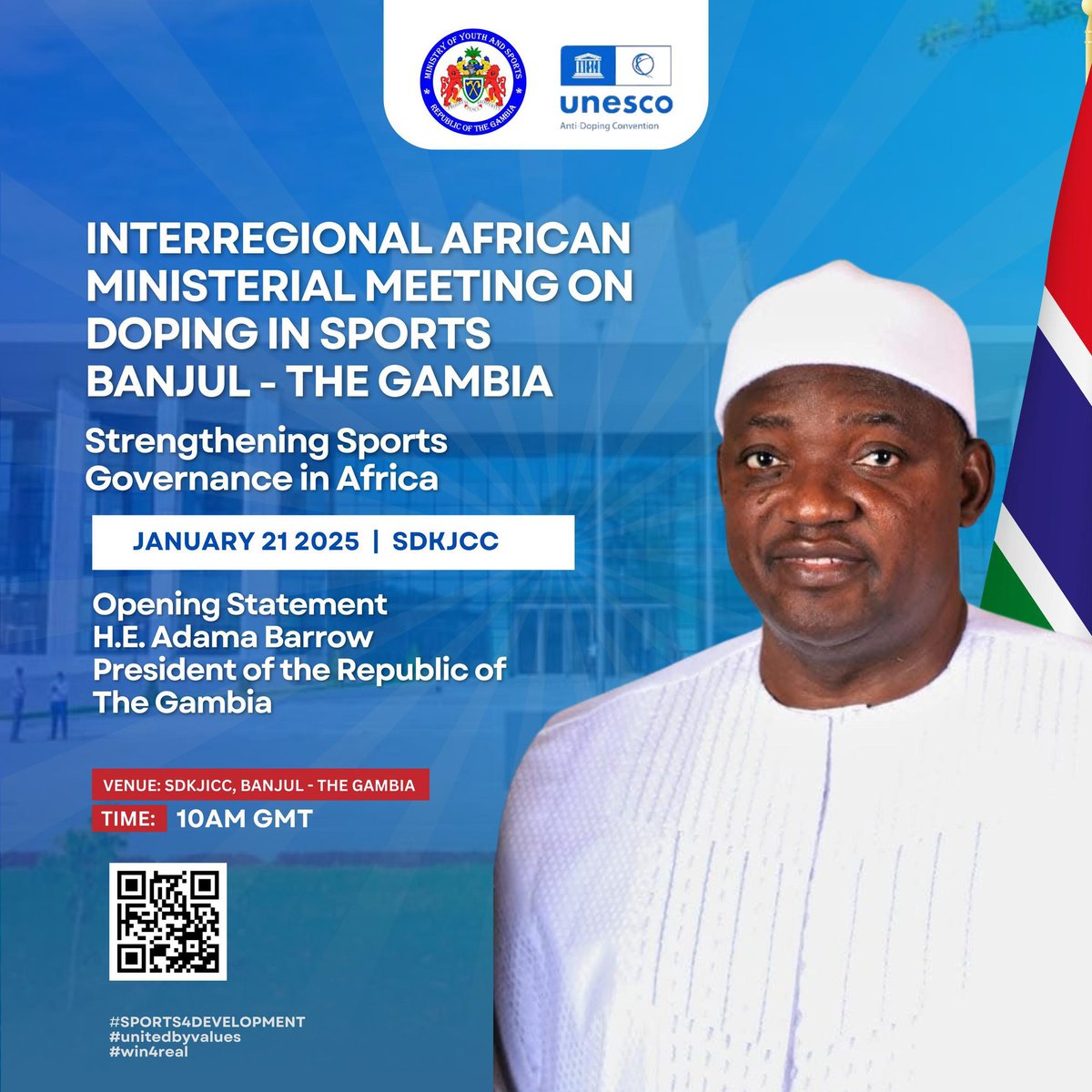 MOYSTheGambia's tweet photo. Exciting News! 
H.E. Adama Barrow will deliver the Opening Statement at the Interregional African Ministerial Meeting on Doping in Sports in Banjul on Jan 21, 2025. Let's unite for #DopingFreeAfrica &amp; #FairPlayInSports! 🇬🇲 #SportsIntegrity  #Win4Real https://t.co/YKPu67KnWG