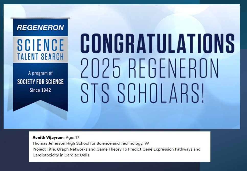 Leveraging graph networks &amp; game theory to predict cancer therapy cardiotoxicity. Congrats Avnith, winning a @regeneron <a href="/Society4Science/">Society for Science</a> scholar award for his work in our lab, Co-mentored w/@kowingalok! Future in science is bright; great ROI➡️society tinyurl.com/4pnvvs38