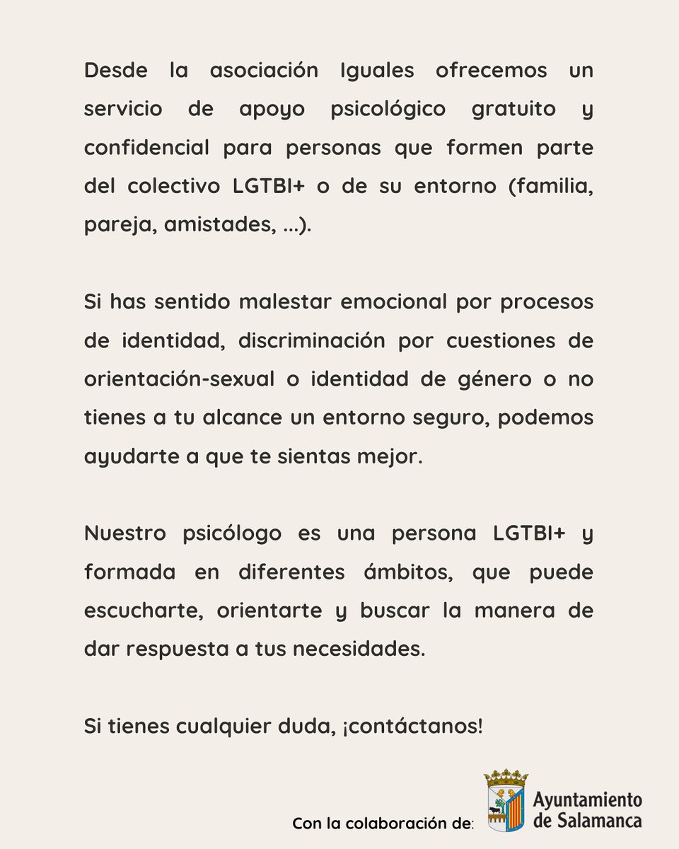 Desde Iguales, ofrecemos un servicio de apoyo psicológico gratuito y confidencial para personas del colectivo y su entorno. Si tienes cualquier duda, ¡contáctanos!