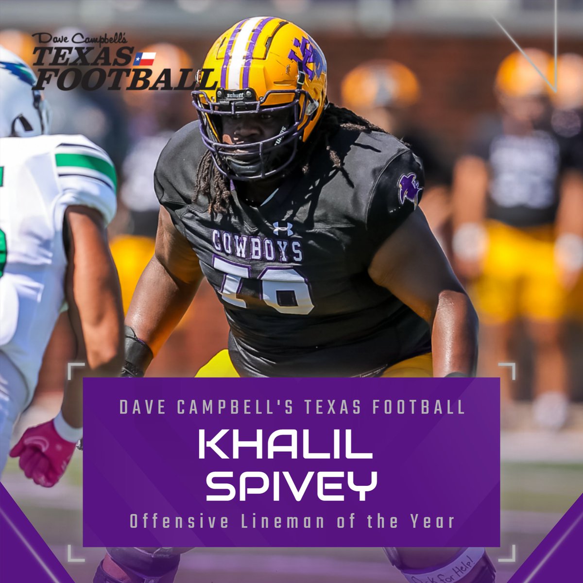 Khalil Spivey was named the Dave Campbell's Texas Football Non DI Offensive Lineman of the Year for the State of Texas.