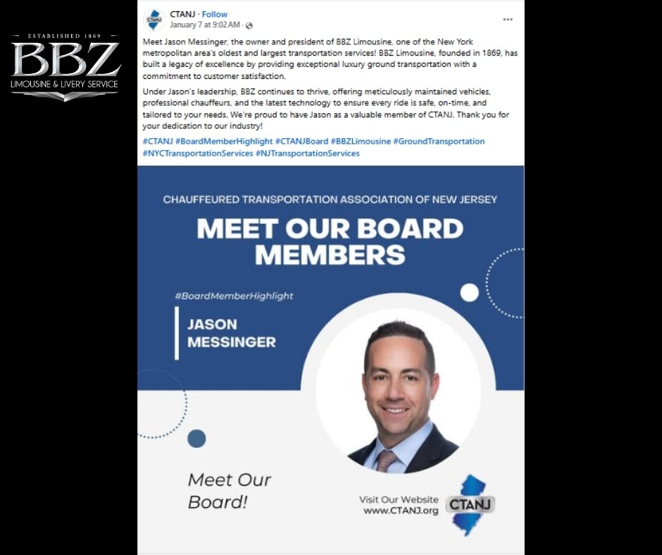 Earlier this month, BBZ Limo Owner and President, Jason Messinger, was featured in a CTANJ Board Member Highlight. We're proud to have him as our team leader and appreciate his guidance throughout the year.

#Inspiration #Leadership #IndustryExpert