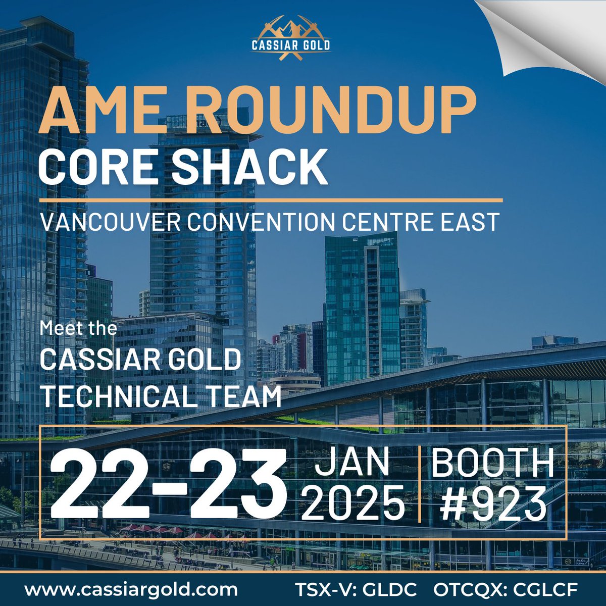 CassiarGold's tweet photo. We're excited to showcase recent advancements at the Cassiar Gold property at the #CoreShack during @AMEroundup 2025. Stop by to meet our technical team and check out some core from our 2024 drill program!🪨

📅: Wed, Jan 22 - Thurs, Jan 23
🤝: Booth #923
📌: Vancouver Convention Centre East
📝: https://t.co/yiWklv5GcU

$GLDC.V $CGLCF