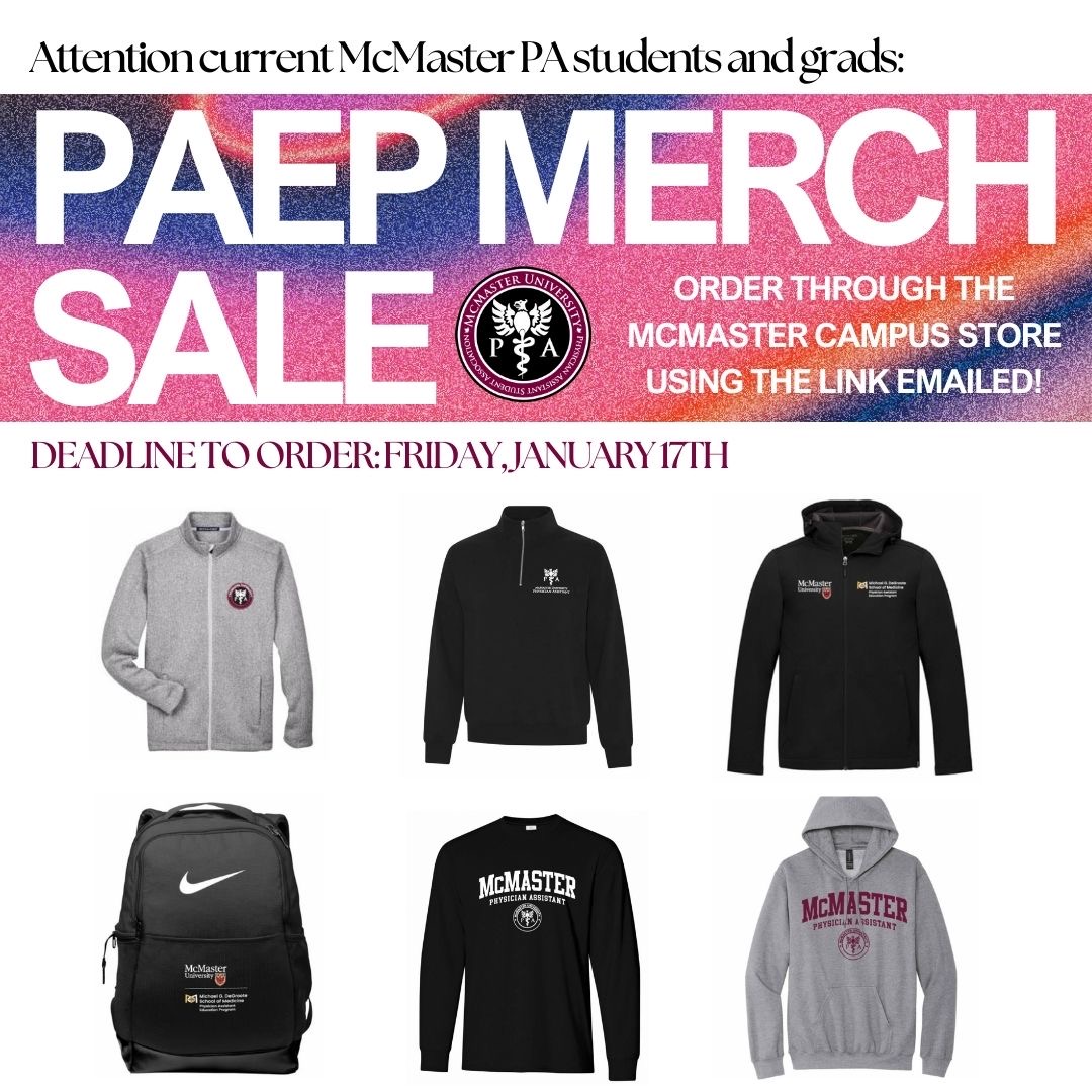 🎉 Show your MPASA pride! 🎓 Get your exclusive McMaster Physician Assistant merch today! From hoodies to bags, we’ve got you covered. 🛍️ Order now at tinyurl.com/MPASAorder 💥 #MPASA #McMasterPA #PhysicianAssistantPride🎉