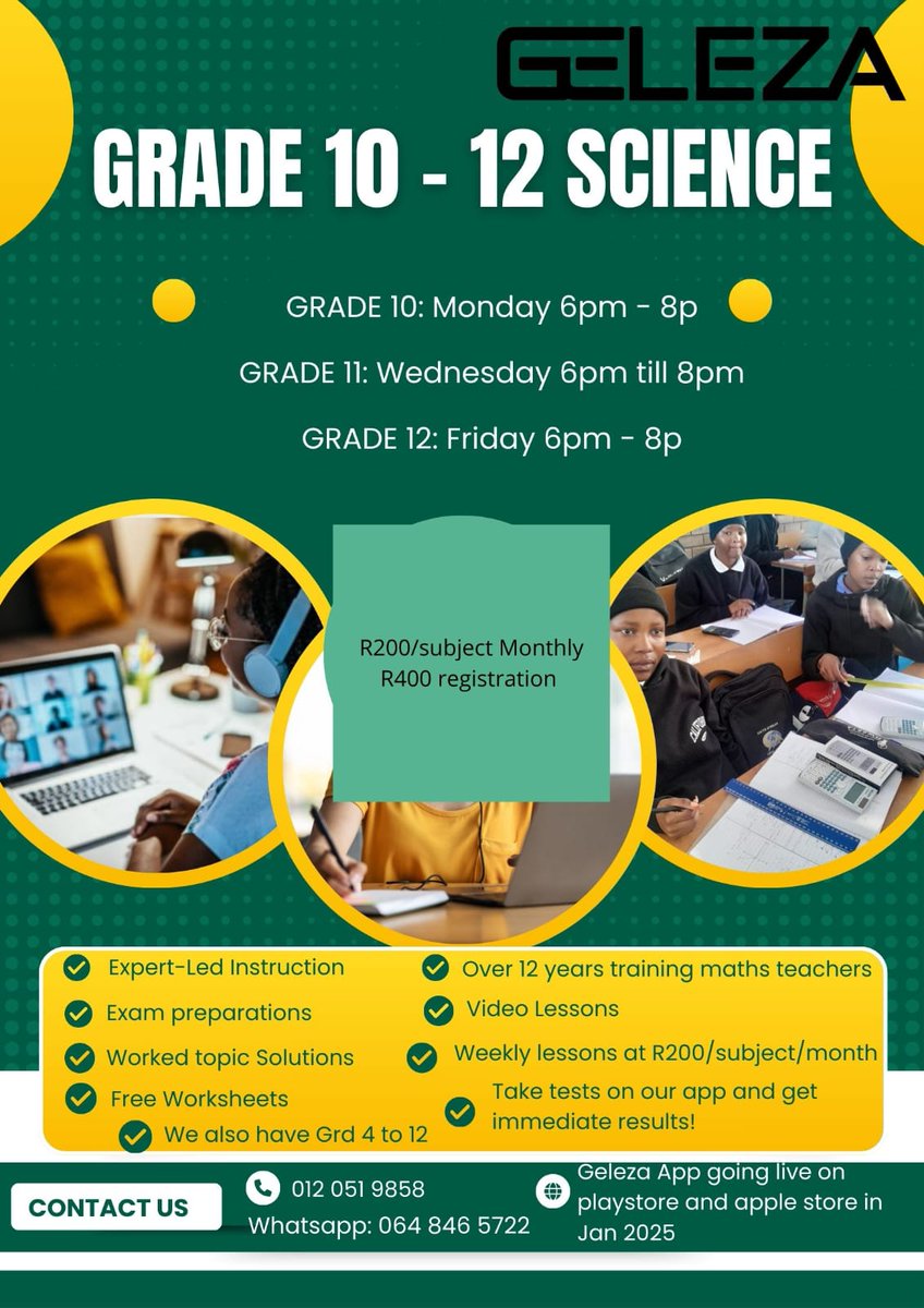 100% in maths on Algebra. She's been with us for two years. 93% in Grade 11...got a scholarship in Grade 12. Our online Maths and Science classes. We are education servants!