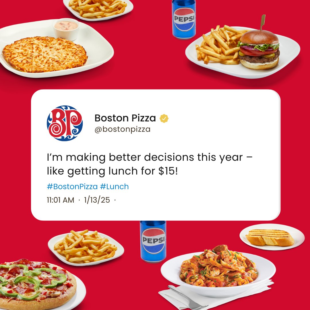 bostonpizza's tweet photo. Enjoy a main, side, and drink for just $15 β all served within 20 minutes or less (dine-in only, at participating locations).
Hurry in and make your lunch break delicious!
#BostonPizza #Lunch #QuickLunch #DineIn https://t.co/Ym95sFkK6W