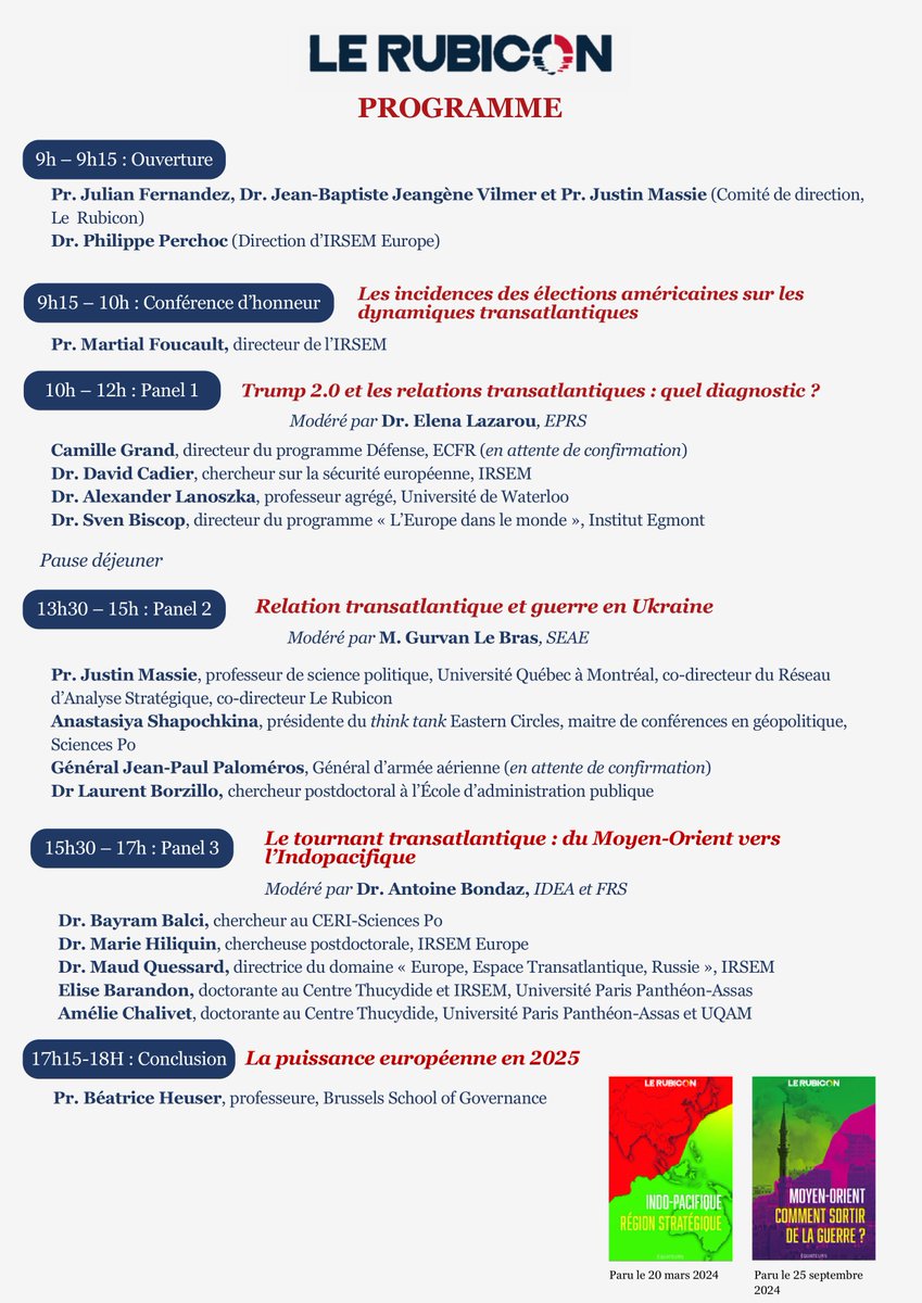 Le 29 janvier, IRSEM Europe (<a href="/IRSEM1/">IRSEM</a>), en collaboration avec le Centre Thucydide (<a href="/AfriThucy/">Centre Thucydide / AFRI</a>) et le Réseau d'analyse stratégique (<a href="/RAS_NSA/">RAS-NSA</a>), organise un symposium international à l'occasion du troisième anniversaire de la plateforme #LeRubicon. L'événement portera sur le thème