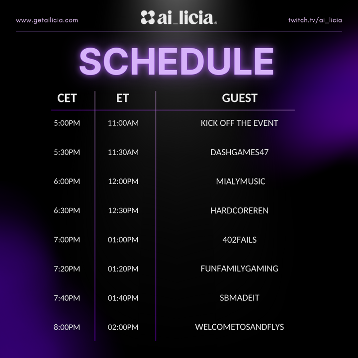 ai_licia's tweet photo. The countdown is on—only 5 days until our BIG celebration! 🚀  

We're thrilled to reveal the incredible lineup of guests joining us LIVE to share their ai_licia stories. 

Check out the schedule in the poster below!  
✨ Which guest are YOU most excited to see? Let us know!  
#ai_liciaOffBeta