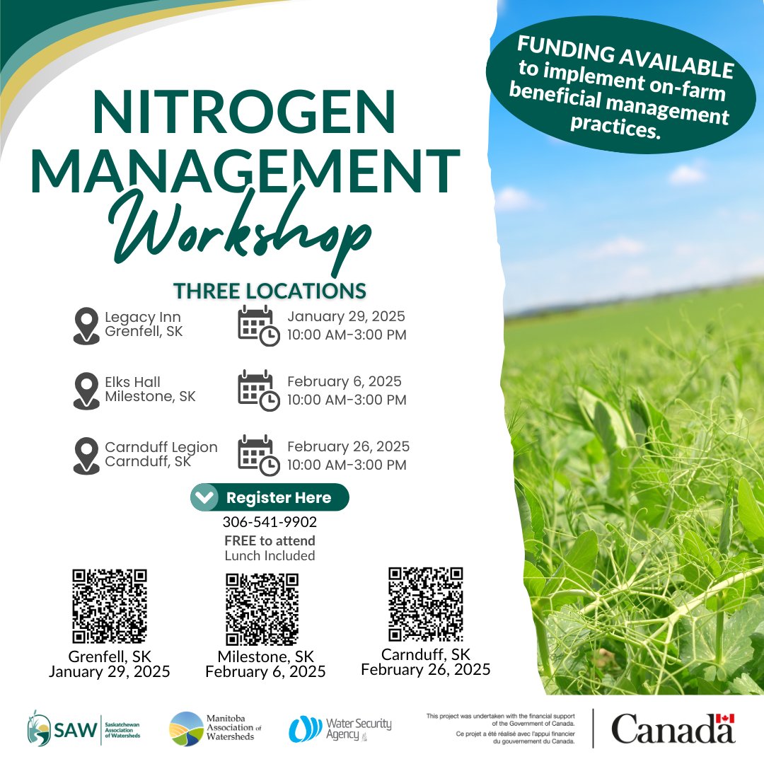 SAW will be hosting Nitrogen Management Workshops in the New Year!  Join us as we discuss funding available to implement on-farm beneficial management practices.
Visit saskwatersheds.ca/event/ for information about dates and locations!
#SaskAg #NitrogenManagement #BMPs